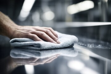 Fototapeta premium Hand cleaning a shiny surface with a cloth in a modern kitchen during daylight hours