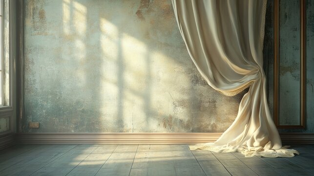 Fototapeta Vintage room interior with elegant curtains and textured wall