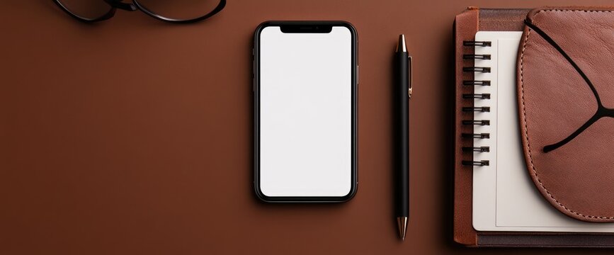 Flat lay of a smartphone, pen, notebook, and eyeglasses on a brown surface - Powered by Adobe