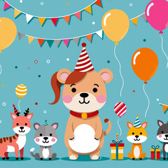 cute cartoon animals birthday party illustration with balloons streamers and gifts adorable animal characters celebrating birthday party, cartoon animal birthday party illustration cute animals