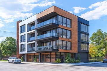 Fototapeta premium Modern apartment building facade, corner lot, mixed materials