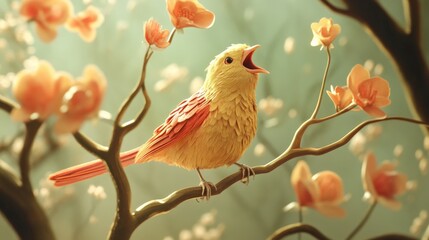 A Yellow Bird Singing Joyfully While Perched On A Branch