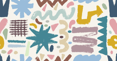 Seamless pattern pastel hand drawn crayon shapes and forms. Childish colored crayon elements. Abstract doodle geometric crayon shapes in retro style. Seamless pattern vector doodle marker drawing.