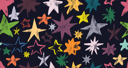 Seamless pattern chalk stars with ragged jagged edges. Kids grunge stars with crayon texture. Seamless hand drawing shape in kid sketch style on white background. Vector stars in a childish style.