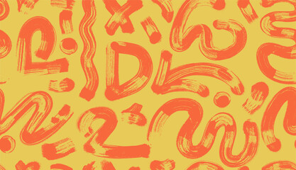 Brush drawn bold geometric shapes, black and white asterisks, arrows, circles seamless pattern. Squiggle thick lines, curly grunge for banner, print or collage. Seamless style rough symbols, shapes.