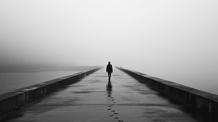 Solitary Stroll: A solitary figure, silhouetted against a misty backdrop, embarks on a contemplative journey along a tranquil pier. The minimalist composition conveys a sense of solitude.