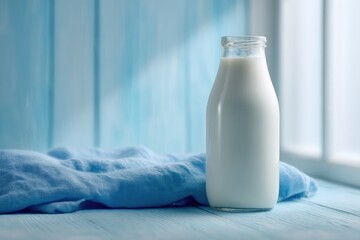 Milk bottle on blue wood, light