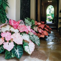 Vibrant pink and white Caladiums line a light beige stone entryway