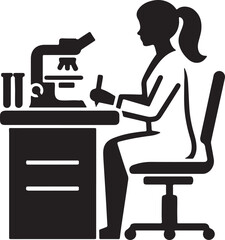 A silhouette of a woman in a lab coat working at a desk with a microscope and test tubes