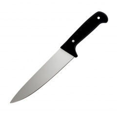 Modern kitchen knife with polished silver blade and black textured handle isolated on transparent background