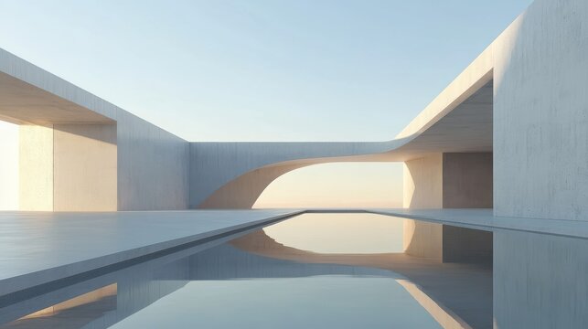 Fototapeta Abstract modern architecture with concrete structures and reflective pool under a clear sky showcasing minimalist design aesthetics