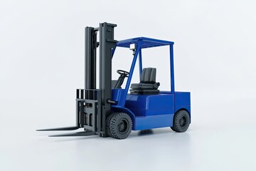 Fototapeta premium Blue forklift against a white background. Detailed 3D model of a forklift, side profile. Dark gray lift arm and components. Simple, studio shot