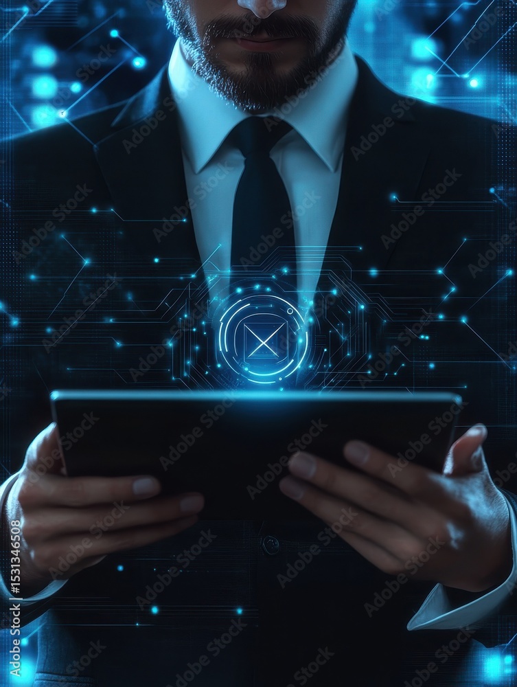 Poster cybersecurity analyst in suit using tablet with digital lock interface for network protection and da