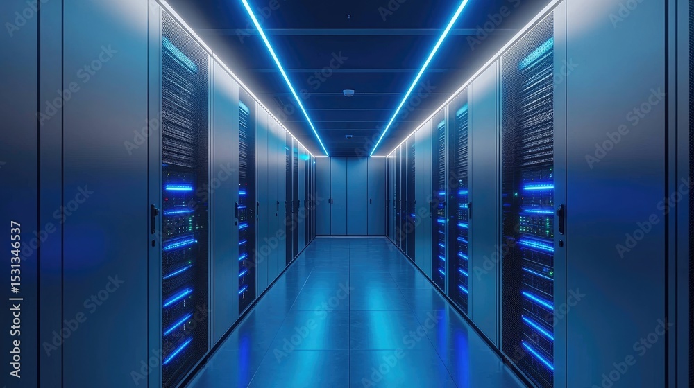 Aufkleber Modern data center corridor with glowing blue LED lights and server racks, ideal for illustrating cloud computing, IT infrastructure, or digital storage solutions