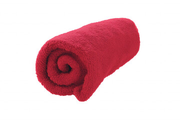 Tightly rolled deep red blanket with plush texture on transparent background