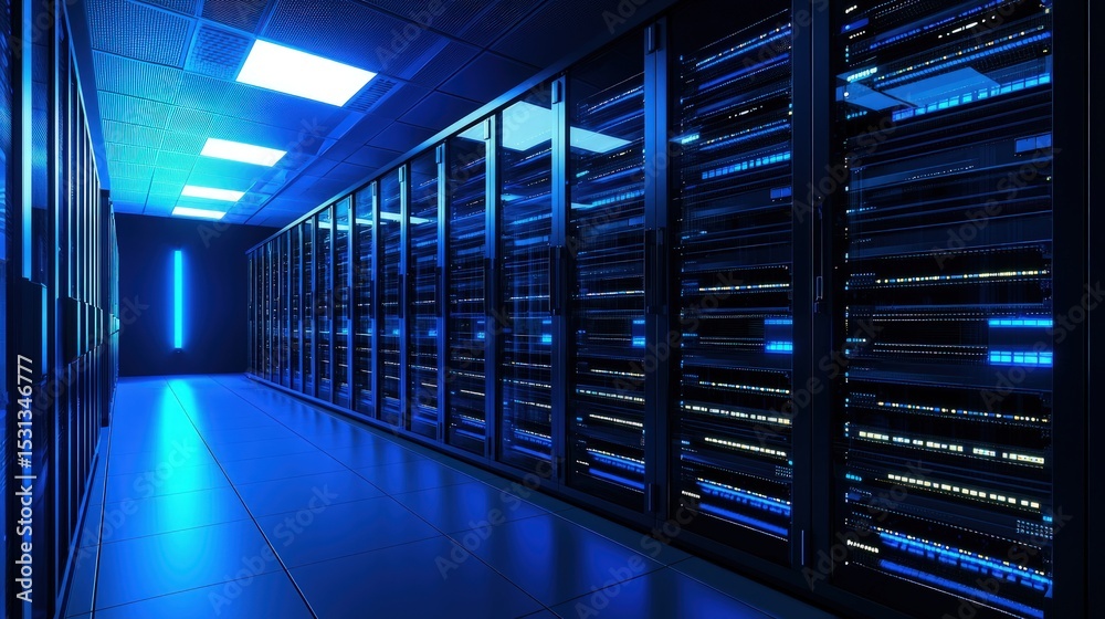 Poster Advanced data center interior with illuminated blue server racks and glossy tiled floors, perfect for cloud storage, IT security, and network infrastructure projects