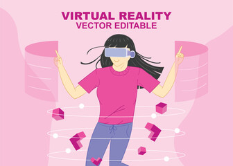 Vector illustration of a woman using virtual reality glasses.