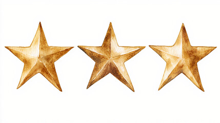 Golden Christmas stars in vintage watercolor style, three five-pointed stars with texture isolated on white background. Generative AI