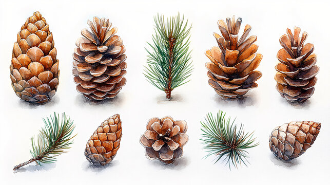 Pine cones and green fir branches in various shapes and positions, realistic watercolor style, isolated on white background. Generative AI