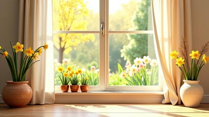 Bright interior scene with a window showcasing blooming yellow daffodils outside. Soft pink curtains frame the view, enhancing the cozy atmosphere.