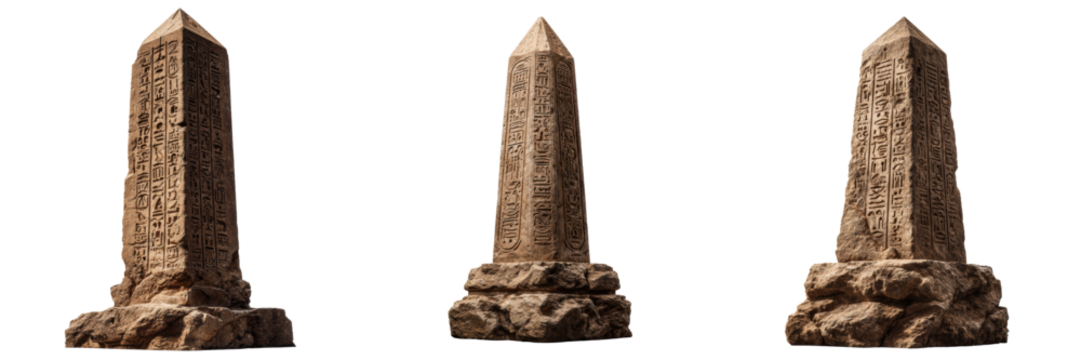 Ancient Obelisks with Hieroglyphics on Stone Bases in Three Views Isolated on a Transparent Background