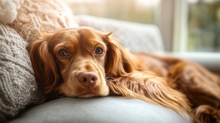Relaxed golden retriever mix lounging comfortably on a cozy couch by the window in soft afternoon light