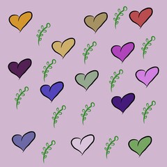 light purple background illustration with multi colored love and small leaves