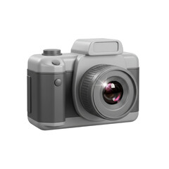 Realistic 3D model of a compact silver digital camera with lens details, isolated on white background. Ideal for photography, media, or travel visuals.


