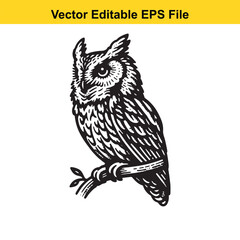 A black and white vector illustration of an owl perched on a branch