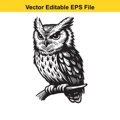 A majestic owl perched on a branch, a vector illustration in black and white, suitable for various design projects.