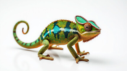 Obraz premium A colorful chameleon positioned side-on, standing on a small invisible perch against a white background
