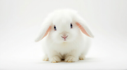 A fluffy white rabbit sitting slightly angled on a clean white background. The rabbit’s fur is soft and cloud-like