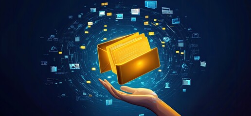 Digital folder held in a hand, surrounded by swirling data icons