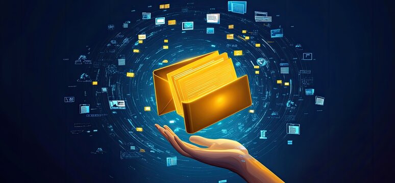 Digital folder held in a hand, surrounded by swirling data icons