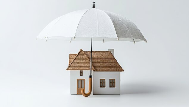 Small house model under a white umbrella