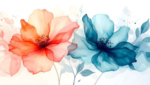 Watercolor floral painting with orange and blue translucent petals on white background