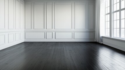 Obraz premium Elegant empty room with dark hardwood flooring, classic wainscoting on the walls, large French windows and sheer curtains swaying in the breeze