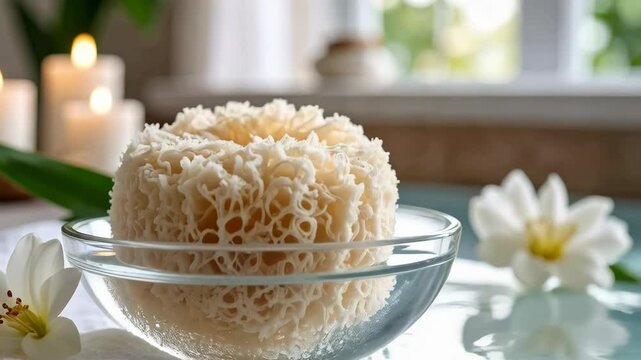 Spa setting with tremella mushroom in glass bowl filled with water with candles and blossoms in a relaxing zen arrangement