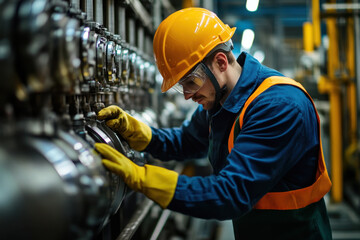 Man in hard hat and safety glasses operating machine in industrial setting.