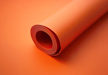 Rolled orange sheet of material.  A vibrant orange sheet of material is rolled up on an orange surface.  The roll displays a smooth, even texture