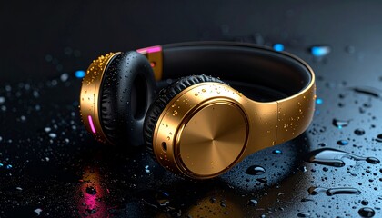 Close-up, gold Headphones with drops of water and a dark background