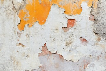 Obraz premium Peeling paint on an aged wall. Layers of orange, white, and gray paint flake from a weathered surface. Visible brick beneath