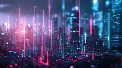 Dynamic cityscape at night showcasing vibrant soundwave graphs with blurred lights in the background : Generative AI