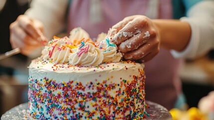 An individual is decorating a cake with sprinkles and frosting