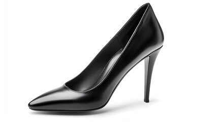 Elegant Black Heel: An elegant, single black high-heeled shoe poised and gleaming, radiating sophistication and style. Its polished exterior and sleek design speak of confidence and allure.
