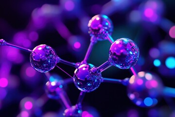 Close-up of a molecule model in vibrant purple and blue hues.
