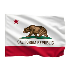 California Republic flag white field with red stripe brown bear star, fabric surface textured, gentle flowing motion, professional studio illumination, isolated on transparent, commercial standard