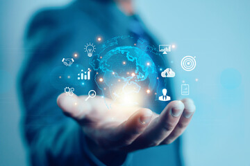 Hands showing the world of digital marketing, business concept, technology, international market, global internet connection, big data, business technology, finance, internet global, internet,	
