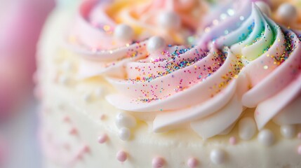A colorful frosted cake decorated with sprinkles and pastel colors