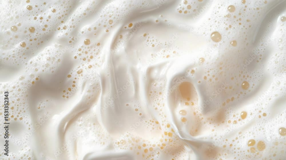 Poster a close-up view of a foamy liquid with bubbles and texture, suitable for science or technology illus